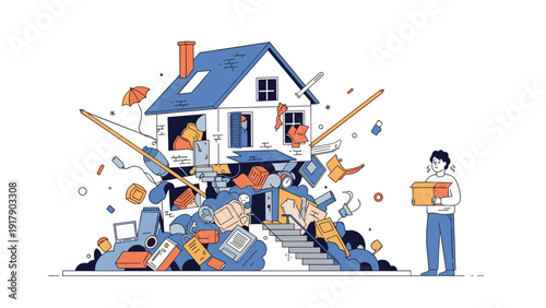 Anxious man with a small box stands outside his house which is literally bursting with furniture and domestic clutter.