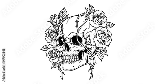 Skull with Roses and Leaves Illustration.