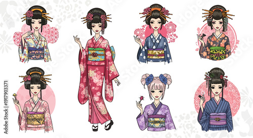 Collection of gracefully illustrated Japanese women in traditional kimonos, featuring diverse hairstyles and vibrant floral patterns, embodying elegant cultural heritage