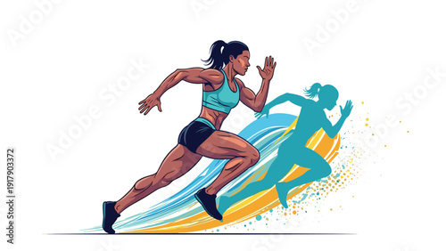 Powerful female runner sprinting with intense determination shown in a dynamic graphic style with vivid colors.