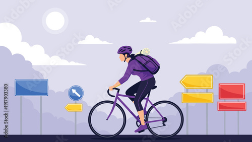 Active woman cycling on a road with various colorful traffic signs and arrows under a bright sunny blue sky.