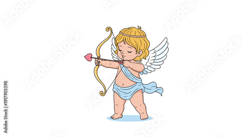 Adorable cupid character with wings and a golden bow aiming a heart tipped arrow on a clean white background.