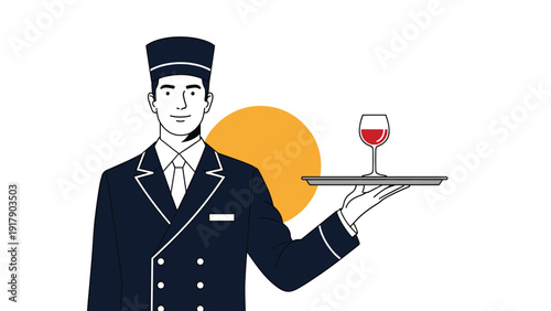 Polite hotel waiter in a dark formal uniform and cap holding a silver tray with a single glass of red wine.
