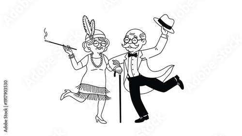 Joyful elderly couple wearing vintage 1920s flapper and tuxedo outfits dancing on a plain white background.