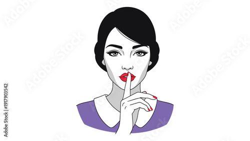 Beautiful woman in a purple dress making a silent gesture with her finger over her bright red painted lips.
