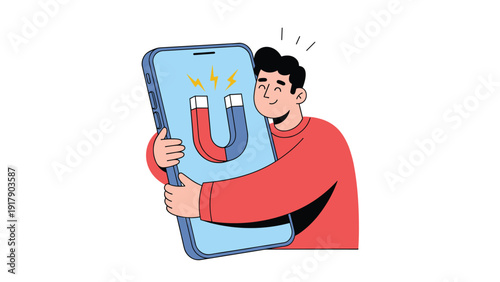Happy man embracing a large smartphone featuring a magnet symbol showing the concept of mobile engagement.