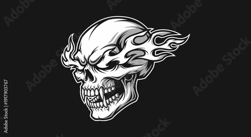 Flaming Skull Illustration with Fierce Expression.