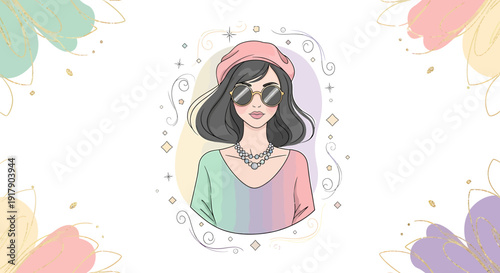 Stylish cartoon illustration of a confident woman wearing a beret and sunglasses, exuding modern fashion and chic elegance with pastel floral accents
