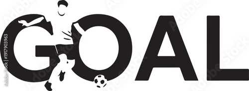 A dynamic soccer player kicking the ball towards the goal in a stylized graphic design