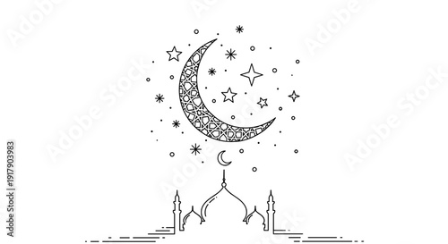 Islamic crescent moon with stars illustration.