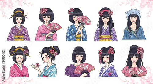 Beautiful collection of diverse Japanese women's portraits, showcasing traditional kimonos, elegant hairstyles, and cultural accessories, enhanced by delicate cherry blossom motifs