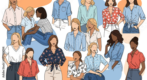 An extensive collection of diverse women modeling various trendy blouses and shirts, a modern illustration highlighting contemporary fashion styles and individual expression