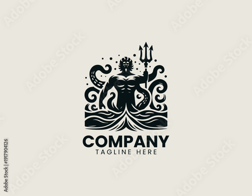 The figure of a sea god holding a trident while emerging from the water black vector logo illustration white background