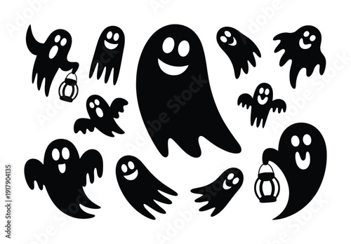 A Spooky Collection of Black Halloween Ghosts with Lanterns on a White Background