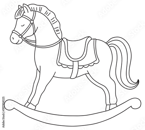 Classic wooden rocking horse toy outline for kids. Vintage nursery horse sketch for coloring activity. Minimal vector line art of childhood playroom gift