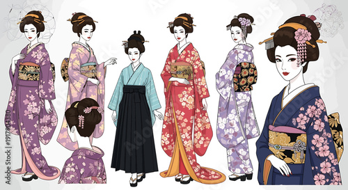 Elegant Japanese geisha women in traditional kimonos showcasing intricate floral patterns and stylish hairstyles