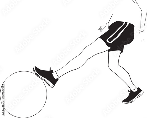 Person in athletic attire kicking a large ball while running outdoors.