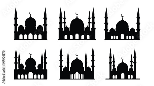 Mosque silhouettes with domes and minarets on white background