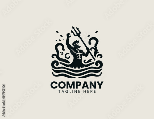The figure of a sea god holding a trident while emerging from the water black vector logo illustration white background