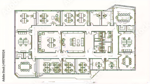 Office floor plan with meeting rooms and workstations layout
