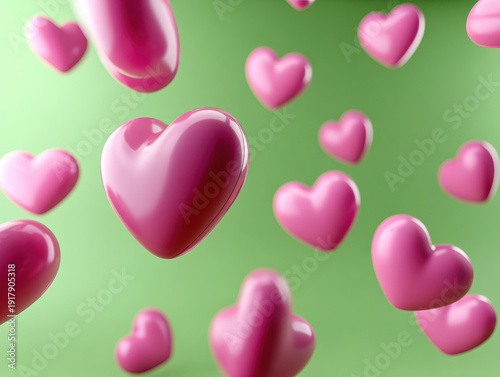 Pink heart pastel floating glossy 3D green background love romantic cheerful abstract
