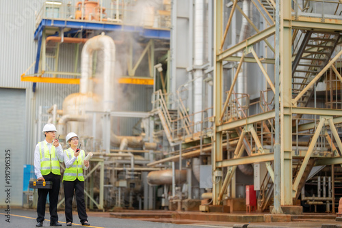 Foto Asian male and female engineers assigned by the company performed emergency maintenance at a steam power plant to protect operations in the rapidly growing energy industry