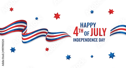 Patriotic 4th of July Independence Day banner with red, white and blue stars and ribbons.