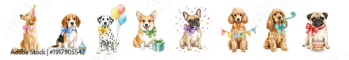  Watercolor puppy clipart set: Beagle, Dalmatian, Corgi, Pug Frenchy. Set of festive puppies with presents.Collection of Vector illustrations. Perfect for invitation, card, poster, banner, decoration