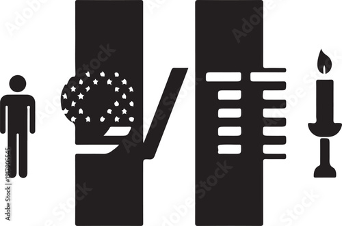 Icon set representing human, network, scissors, spring, and candle