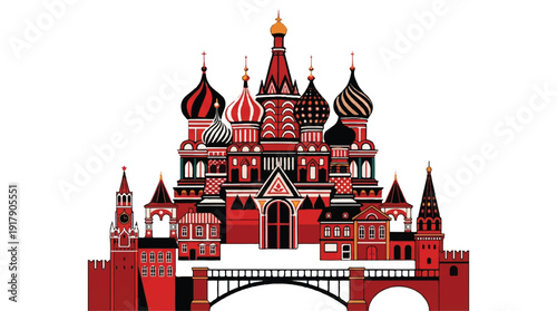 Ornate Russian cathedral with onion domes and bridge architecture in red and black colors