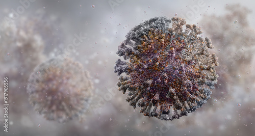 Fotografie Canine coronavirus (CCoV): enveloped alphacoronavirus virion associated with domestic dog in enteric infection context