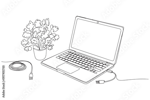 Continuous one line drawing of laptop workspace with plants minimal home office illustration
