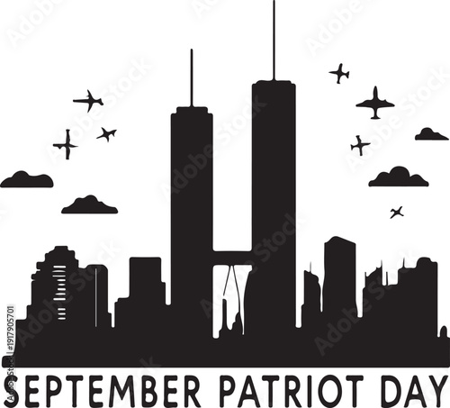 Silhouette illustration of twin towers with patriot day tribute elements in black and white