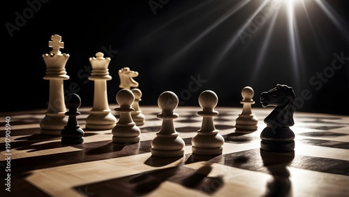 Dramatic close-up of opposing white and black chess pieces set against a dark, intensely lit battlefield suggesting strategic conflict.