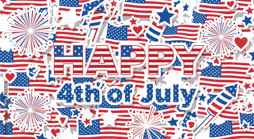 Patriotic 4th of July icon collection. Includes American flags, hearts, stars, and fireworks. Created in colorful style with red, white, and blue palette.