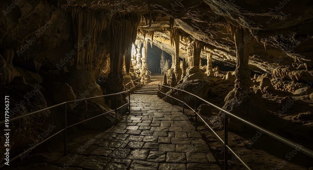 Fototapeta premium Stone pathway winds through a cavern illuminated by light, showing stalactites and columns