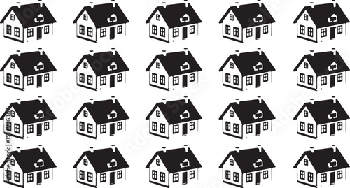 A grid of stylized black and white suburban houses with pitched roofs and chimneys.