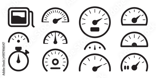 Minimalist outline speedometer and gauge symbols for mobile app interface and modern dashboard prototypes