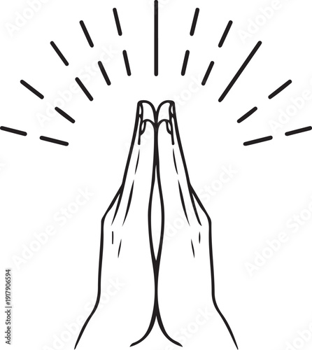 A pair of hands clasped together with radiating light beams emanating from the center.