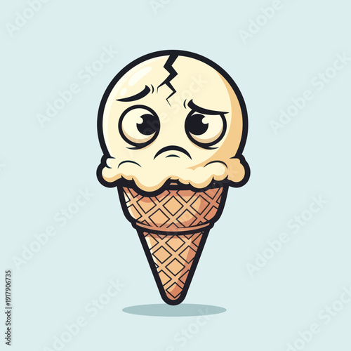 Sad Cracked Vanilla Ice Cream Cone Frowning