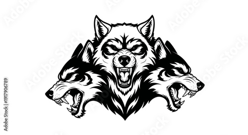 Three-headed wolf illustration, fierce animal graphic, aggressive beast emblem