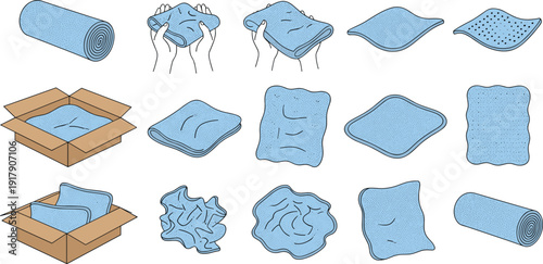 Soft Packing Paper and Fabric Sheet Vector Set Featuring Wrinkled, Folded, Rolled Textures for Packaging, Cushioning, and Product Protection Designs