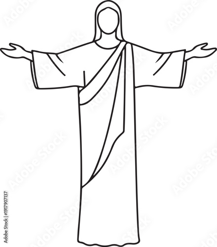 Line drawing of a robed figure with arms outstretched in a serene pose