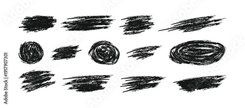 Dirty brush strokes with black paint or ink. Abstract shapes set of text box. Grunge design elements. Grungy texture