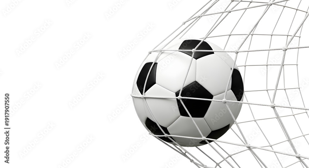 Fototapeta premium Black and White Soccer Ball Penetrating Goal Net Mesh in Clean Monochrome Lighting on White Background