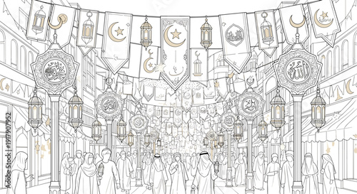 Detailed Sketch of People in Ornate Hall.
