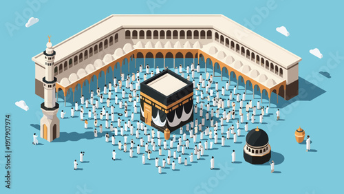 Holy pilgrimage to the Kaaba in Mecca during Hajj or Umrah with thousands of worshippers in traditional white clothing at the mosque.