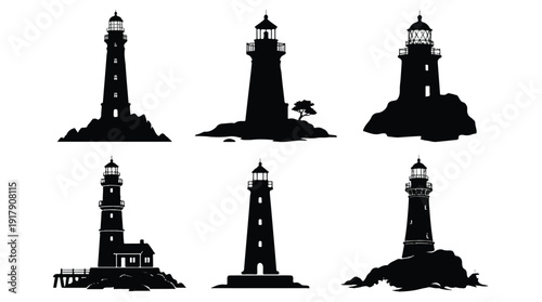 set of lighthouse silhouettes on white background