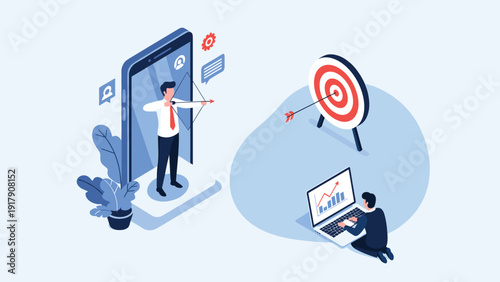 Targeted digital marketing and sales achievement showing a businessman coming out of a mobile phone to shoot an arrow at a bullseye.