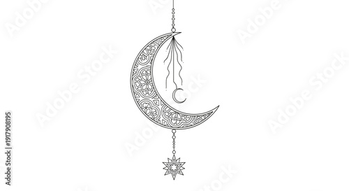 Crescent Moon with Feather and Star Pendant.